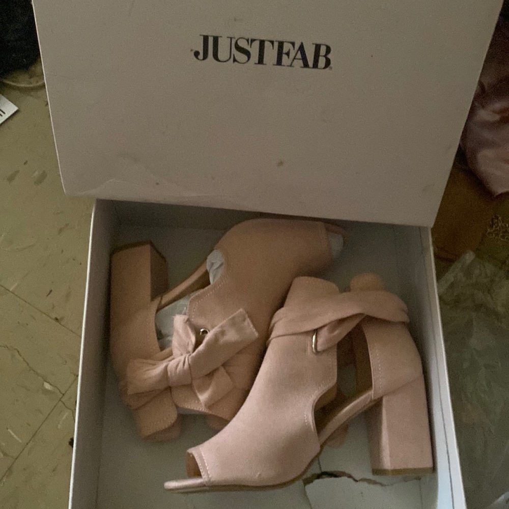 Just Fab ankle heels with tie ribbon! Blush color with thick and short heel!